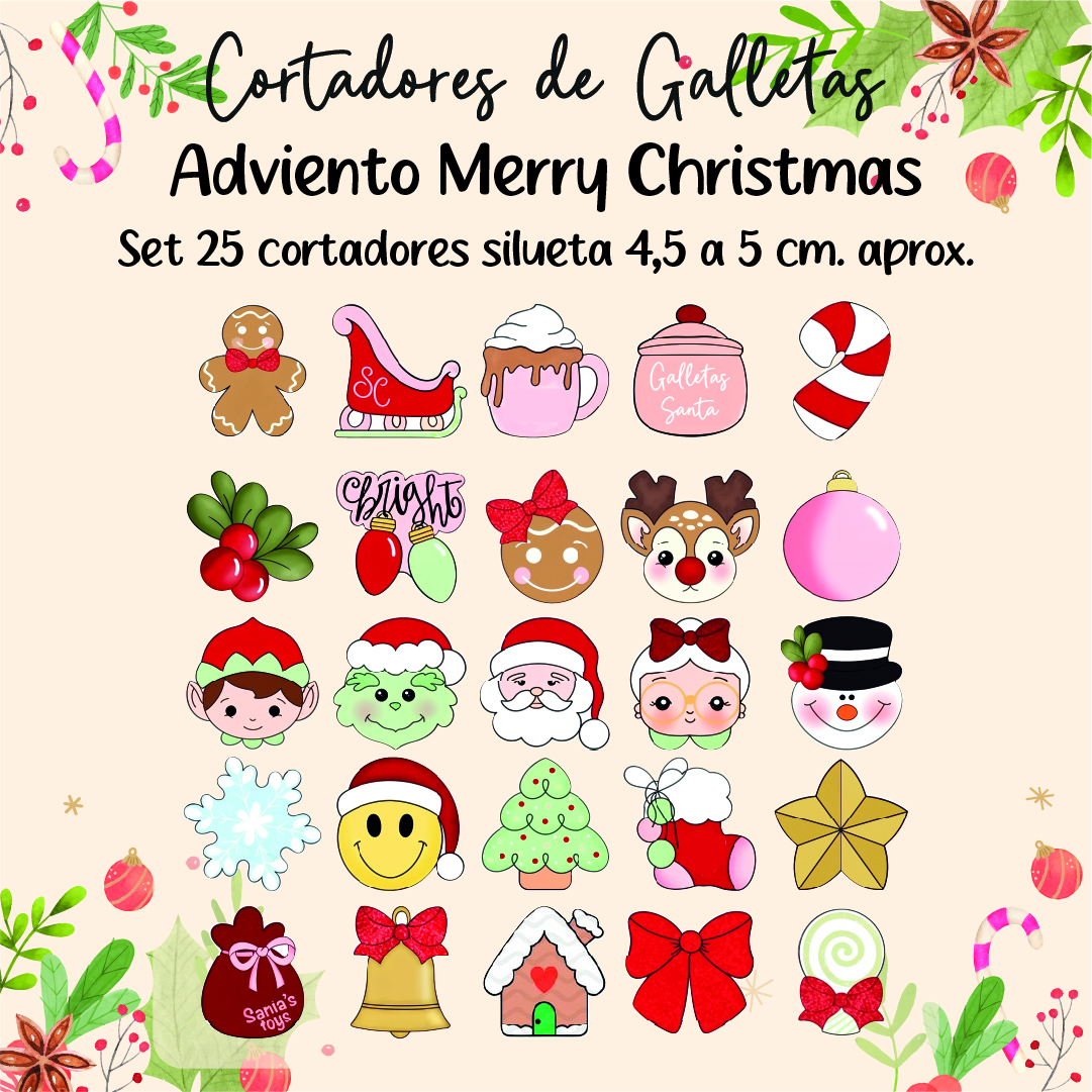 MERRY CHRISTMAS_1-100 Set 25 Mini Cortadores Adviento Merry Christmas 5 Cm - Imagen 1